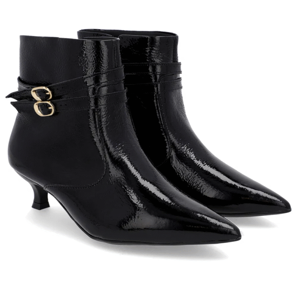 Bota Bico Fino Salto Kitten Preta Verniz Tiras - Imagem 4