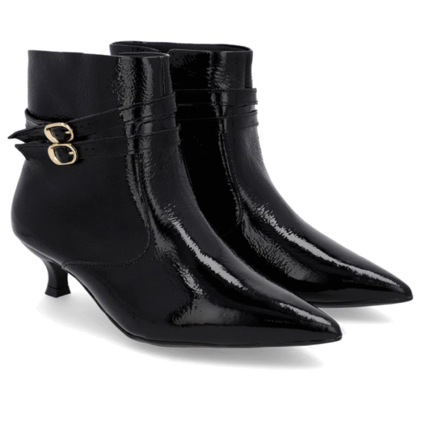 Bota Bico Fino Salto Kitten Preta Verniz Tiras - Imagem 3