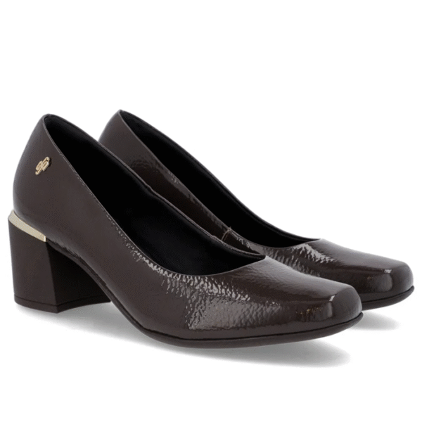 Scarpin Marrom Couro Bico Quadrado Detalhe Salto - Imagem 3