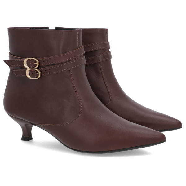 Bota Bico Fino Salto Kitten Marrom Couro Tiras - Imagem 4