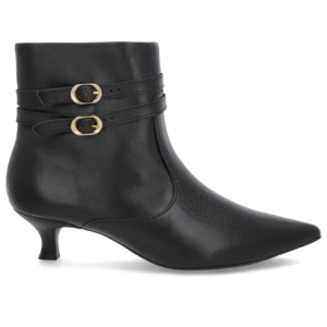 Bota Bico Fino Salto Kitten Preta Couro Tiras