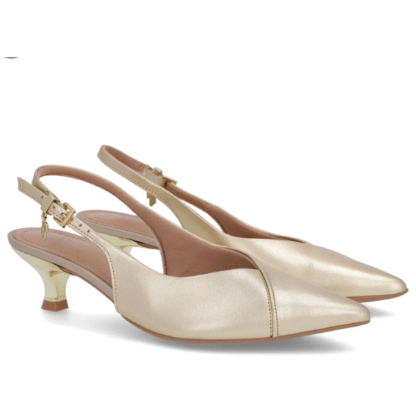 Slingback Dourado Salto Kitten Semi Aberto Couro - Imagem 3