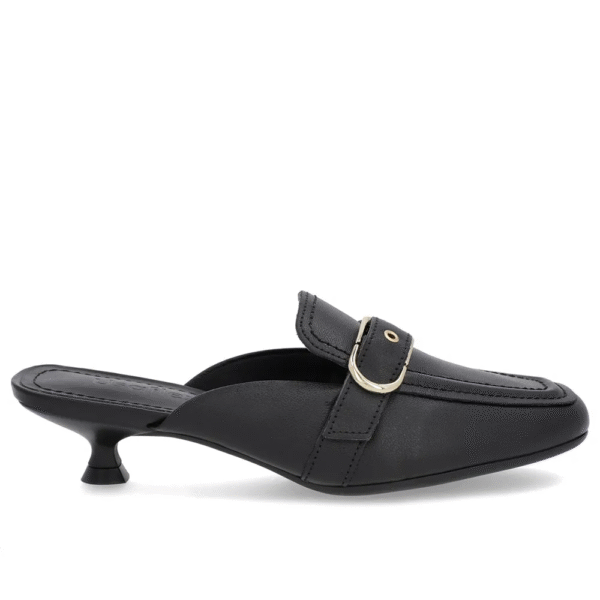 Mule Preta Couro Salto Kitten Fivela - Imagem 2